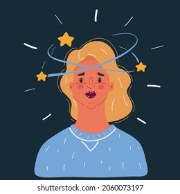 Cartoon illustration of woman had dizziness on dark backround.