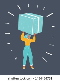 Cartoon illustration of woman, in her hands holding box isolated on dark background.