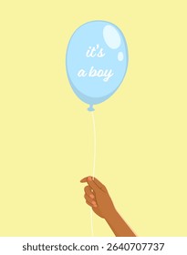 Cartoon illustration of a woman holding a blue balloon with the text "It’s a Boy." Ideal for baby announcements, gender reveal events and invitations