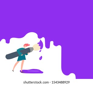 Cartoon illustration of woman holding a large paintbrush. Artist with writing instrument. Designer at work. Drawing and painting lesson. Vector male character on white background.