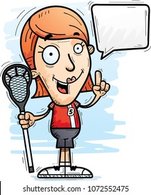 A cartoon illustration of a woman lacrosse player talking.