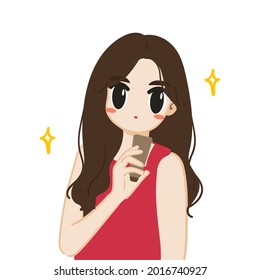 cartoon illustration of woman with long hair pose with cosmetic