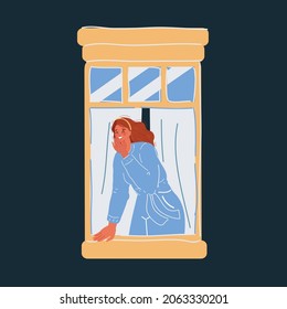 Cartoon illustration of woman looks out window on dark backround.