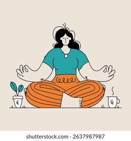 Cartoon illustration of a woman meditating in lotus position with a cup of tea and a plant. Showing wellness, mindfulness and relaxation at home.