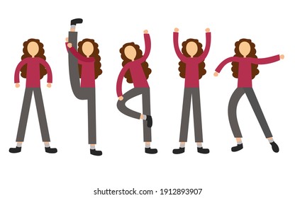 cartoon illustration of woman in multiple poses. flat vector design