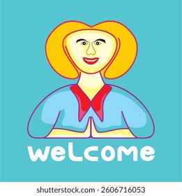 Cartoon Illustration of a woman with 'namaste' hand gesture as a symbol of  welcome.