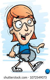 A cartoon illustration of a woman racquetball player walking.