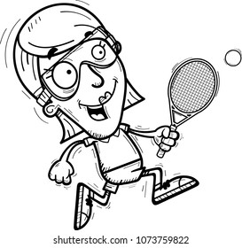 A cartoon illustration of a woman racquetball player running.