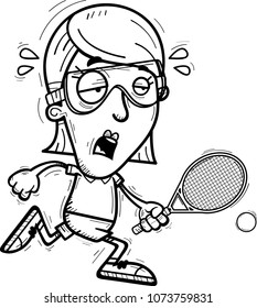 A cartoon illustration of a woman racquetball player running and looking exhausted.