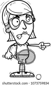 A cartoon illustration of a woman racquetball player looking angry and pointing.