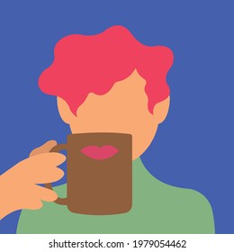 cartoon illustration of a woman with red hair holding a mug with lip prints