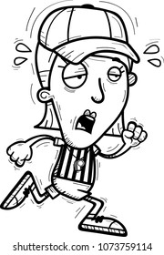 A cartoon illustration of a woman referee running and looking exhausted.