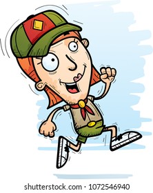 A cartoon illustration of a woman scout running.