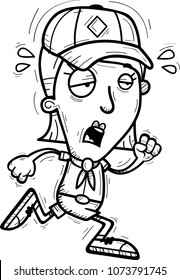 A cartoon illustration of a woman scout running and looking exhausted.