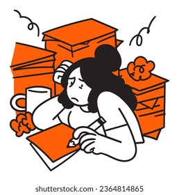 a cartoon illustration of a woman sitting in front of a pile of boxes