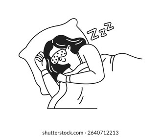 Cartoon illustration of a woman sleeping peacefully with an eye mask. Minimalist style in black and white. Represents restful sleep and relaxation.