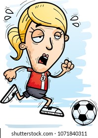 A cartoon illustration of a woman soccer player running and looking exhausted.