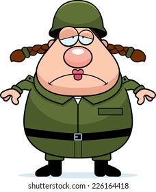 A cartoon illustration of a woman soldier looking tired.