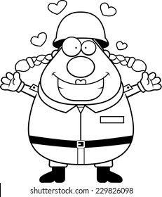 A cartoon illustration of a woman soldier ready to give a hug.