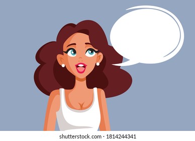 Cartoon Illustration of Woman with Speech Bubble. Excited beautiful lady making an announcement 
