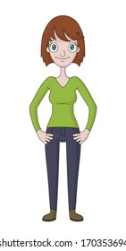 Cartoon illustration of a woman standing with hands on her hips. Eps 8 Vector.