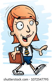 A cartoon illustration of a woman student walking.