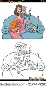 Cartoon illustration of woman with their cats on the couch coloring page