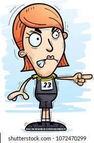 A cartoon illustration of a woman track and field athlete looking angry and pointing.