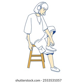 cartoon illustration of a woman using headset with stylish clothes sitting on a wooden bench