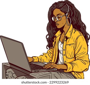 A cartoon illustration of a woman using a laptop vector illustration art