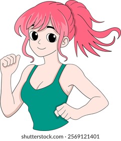 A cartoon illustration of a woman with vibrant pink hair tied in a ponytail, wearing a green tank top, jogging with a confident and cheerful expression