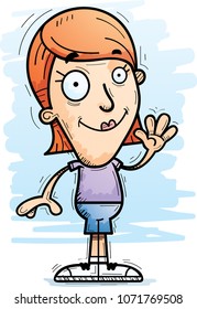 A cartoon illustration of a woman waving.