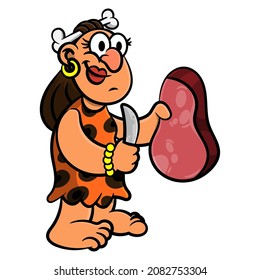 Cartoon illustration of woman wearing accessories made from bones and gold, cutting meat with stone knife and get ready to cooking, best for mascot and sticker with living at stone age themes