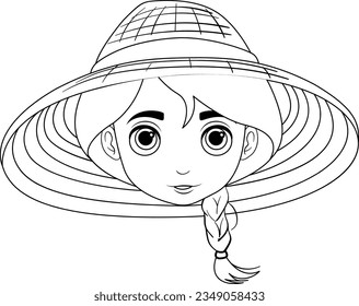A cartoon illustration of a woman wearing a traditional Vietnamese hat