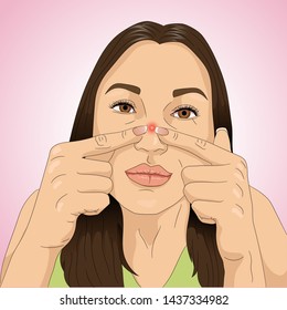 Cartoon illustration of a woman who has acne problem on the nose