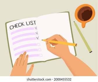 Cartoon illustration of a woman's or man's hand filling out a checklist   with a pen. Cup of coffee on a light background - vector illustration.