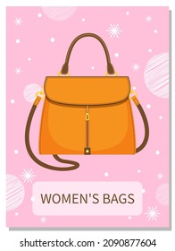Cartoon illustration of women bag vector icon on blue background, poster with stylish handbag. Ladies handbag in flat style. Elegant ladies bright leather bag, female accessories with handles