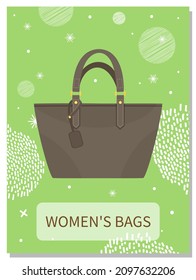 Cartoon illustration of women bag vector icon on blue background, poster with stylish handbag. Ladies handbag in flat style. Elegant ladies bright leather bag, female accessories with handles