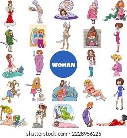 Cartoon illustration of women and girls characters big set