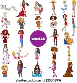 Cartoon illustration of women and girls comic characters big set