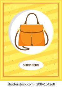 Cartoon illustration of womens bag icon on background, poster with stylish handbag. Shop now banner with girls handbag. Elegant ladies bright leather bag, female accessories with handles