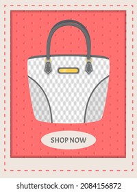 Cartoon illustration of women's bag icon on background, poster with a stylish handbag. Shop now banner with girls handbag. Elegant ladies bright leather bag, female accessories with handles