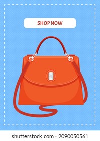 Cartoon illustration of womens bag icon on background, poster with stylish handbag. Shop now banner with girls handbag. Elegant ladies bright leather bag, female accessories with handles