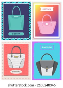 Cartoon illustration of womens bag icon on background, poster with stylish handbag. Shop now banner with girls handbag. Elegant ladies bright leather bag, female accessories with handles