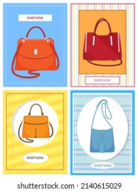 Cartoon illustration of womens bag icon on background, poster with stylish handbag. Shop now banner with girls handbag. Elegant ladies bright leather bag, female accessories with handles