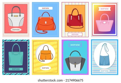 Cartoon illustration of womens bag icon on background, poster with stylish handbag. Shop now banner with girls handbag. Elegant ladies bright leather bag, female accessories with handles