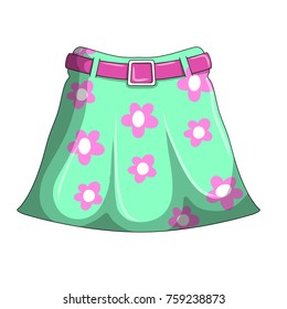 cartoon illustration - women's clothing. Green skirt with belt with pink flower pattern

