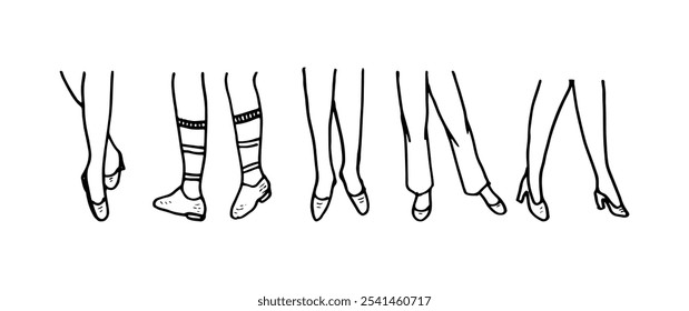 Cartoon illustration of women's legs wearing different shoes.