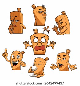 Uma ilustração de desenho animado de personagem de madeira com várias expressões, ilustração para mascote, adesivos meme, tung tung tung sahur, personagem brainrot
