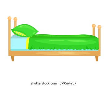 Cartoon illustration of a wooden bed for boys and girls with pillows and cover